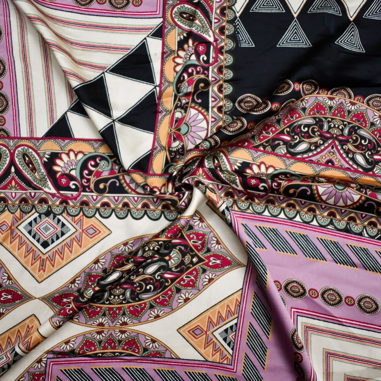 Purple-Beige-Multi Polyester Multi Pattern Border Printed Charmeuse Woven Fabric By the Yard